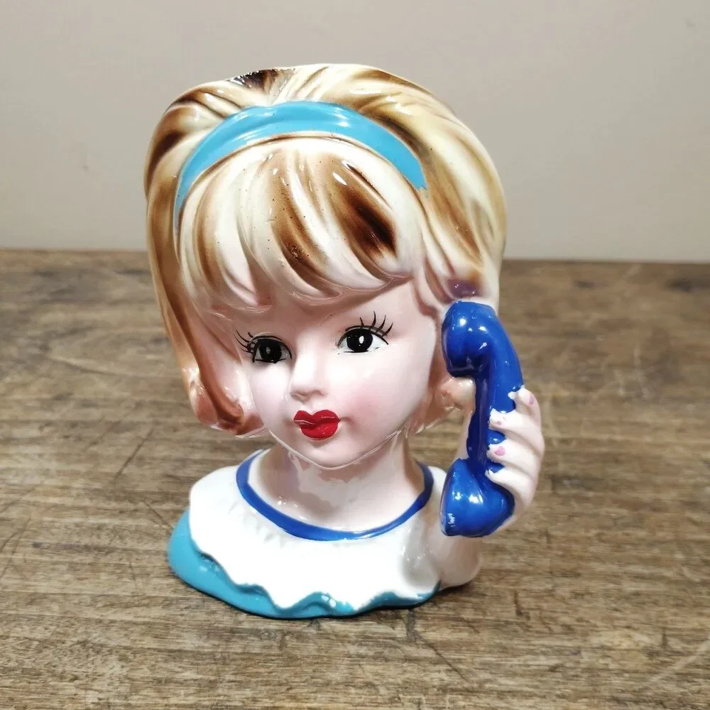 Vintage Lady Head Vase Teenager Inarco E-3548 Telephone Planter Retro Japan